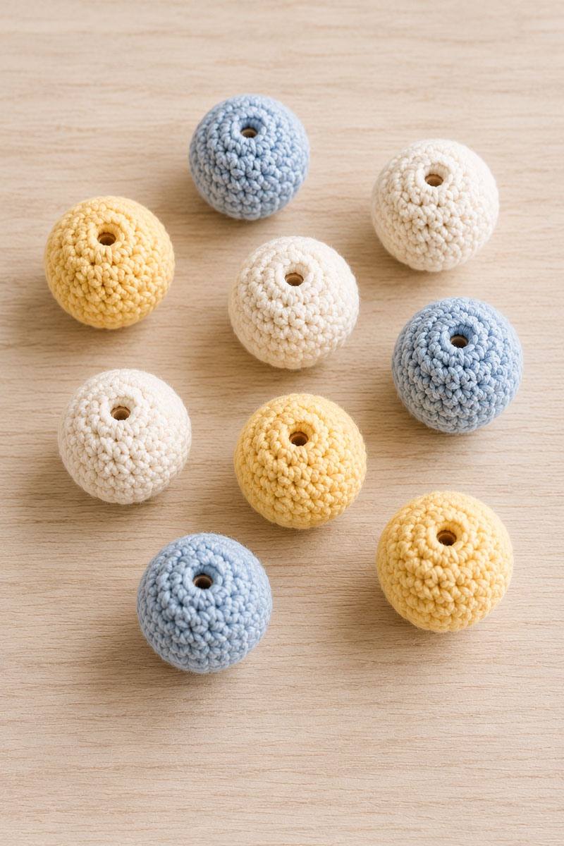 Crochet covered wooden beads for a moon and stars nursery mobile