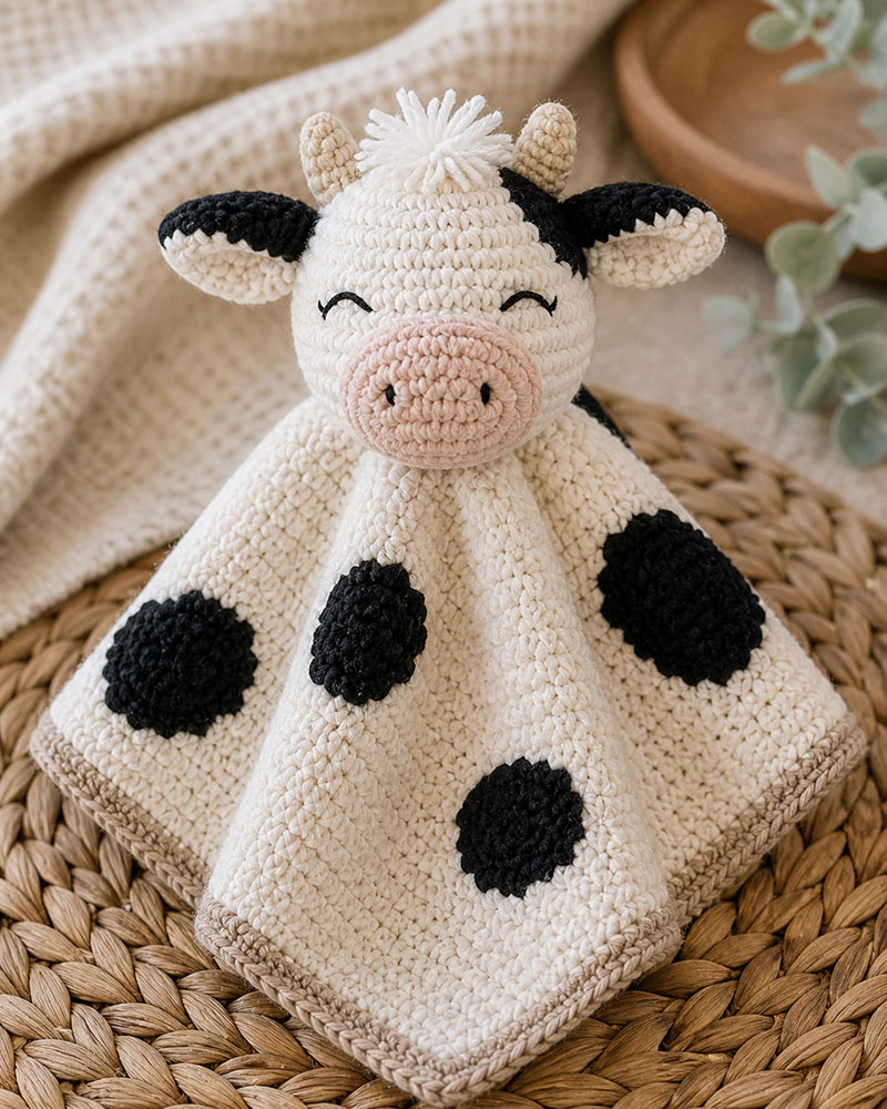 Crochet cow lovey pattern with simple blanket and cow head