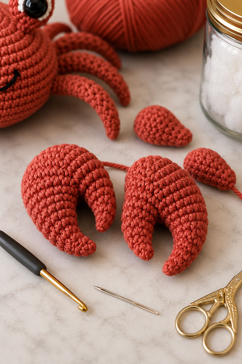 Closeup of crochet crab claws with curved shaping
