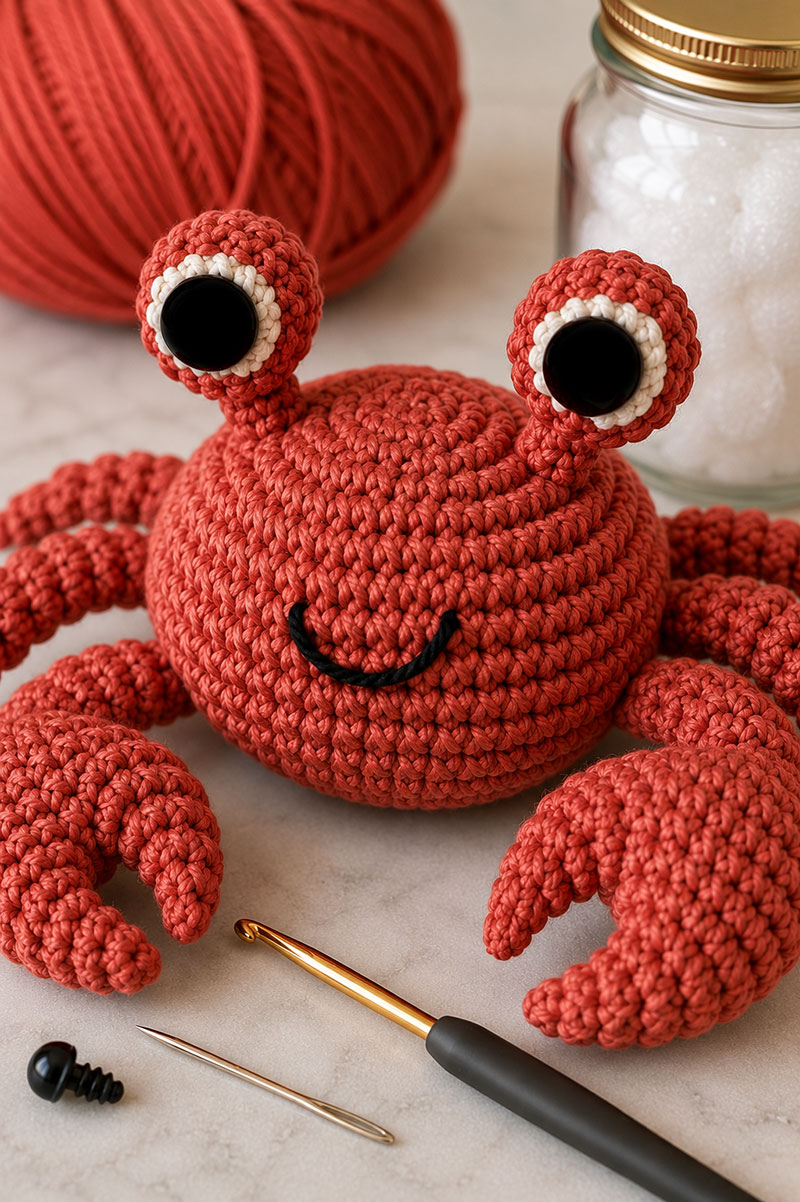 Crochet crab eyes attached to rounded shell