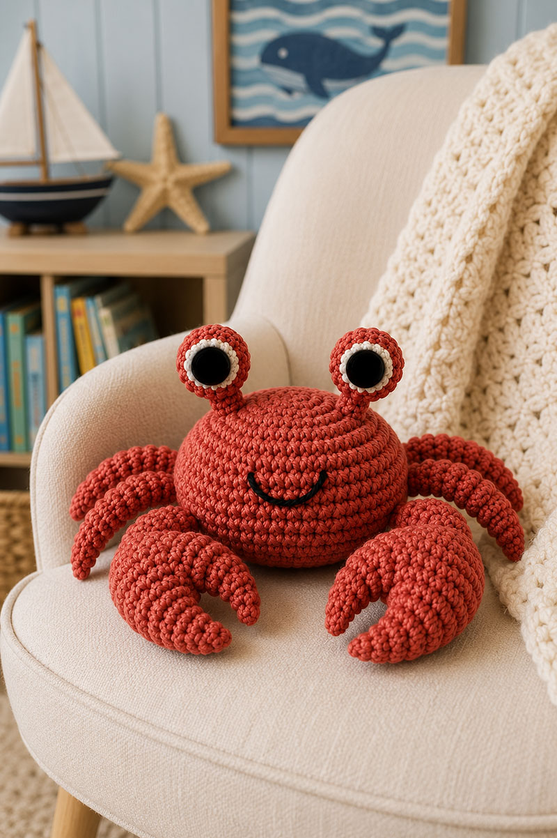 Finished crochet crab displayed in upscale nursery
