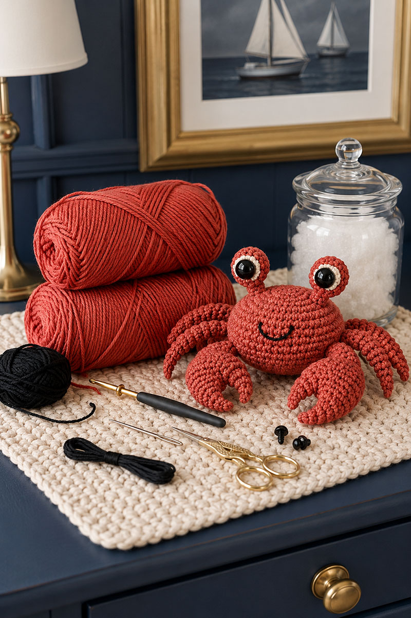 Crochet crab yarn and supplies arranged on nursery dresser