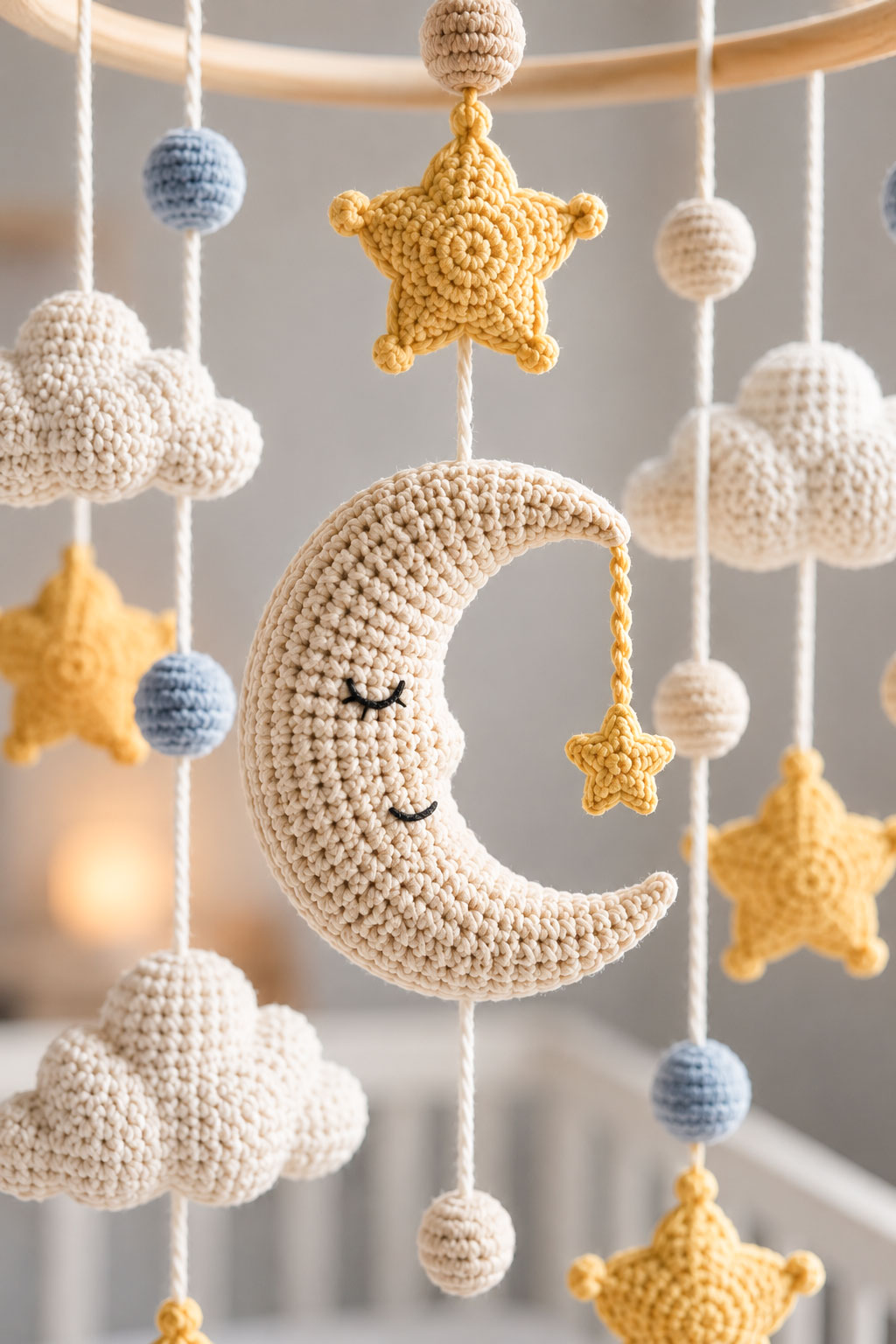Crochet crescent moon with braided hanging cord and small dangling star for a nursery mobile