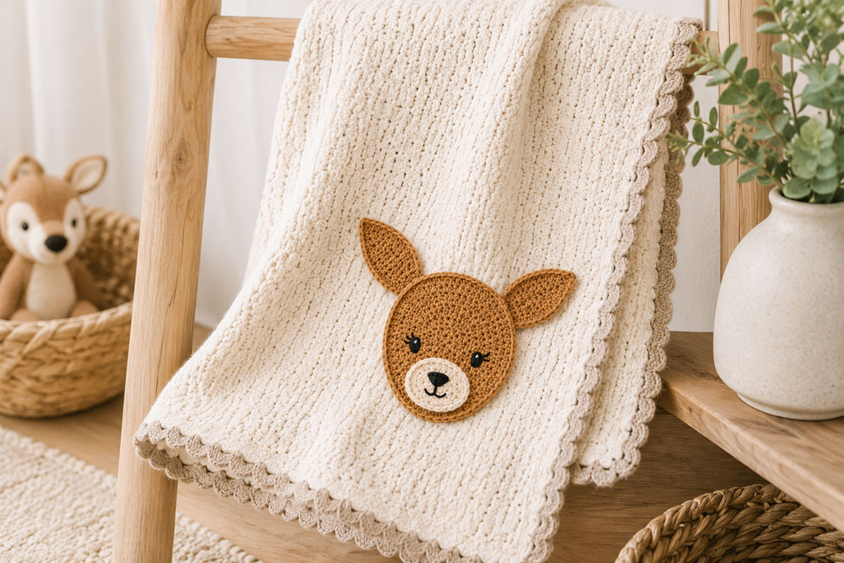 Finished crochet baby fawn applique securely sewn to a woodland baby blanket
