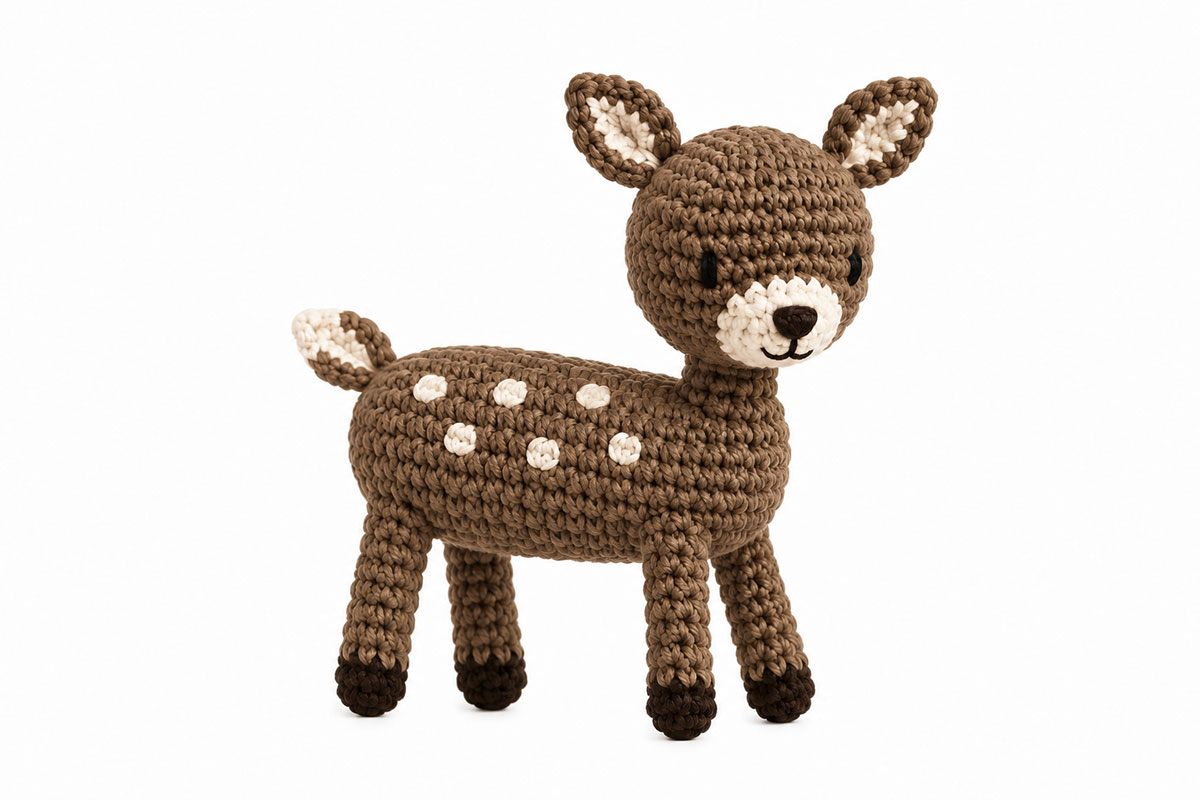 Finished crochet fawn for deer baby mobile with cream muzzle, embroidered face, spots and brown hooves