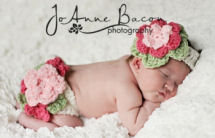 pink and green newborn baby girl chunky yarn baby diaper cover and headband set with large flower crochet pattern photo prop portrait