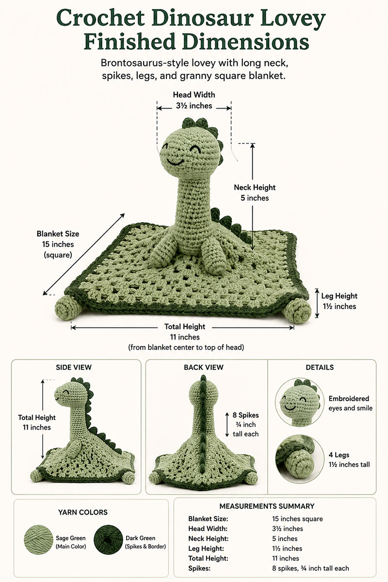crochet dinosaur lovey finished measurements showing blanket size head width neck height and spike placement