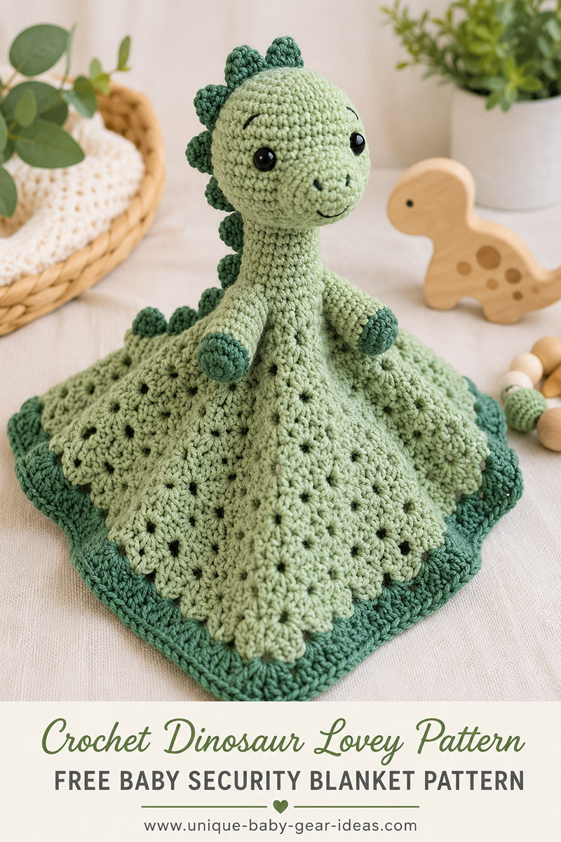 crochet dinosaur lovey pattern with a baby security blanket body