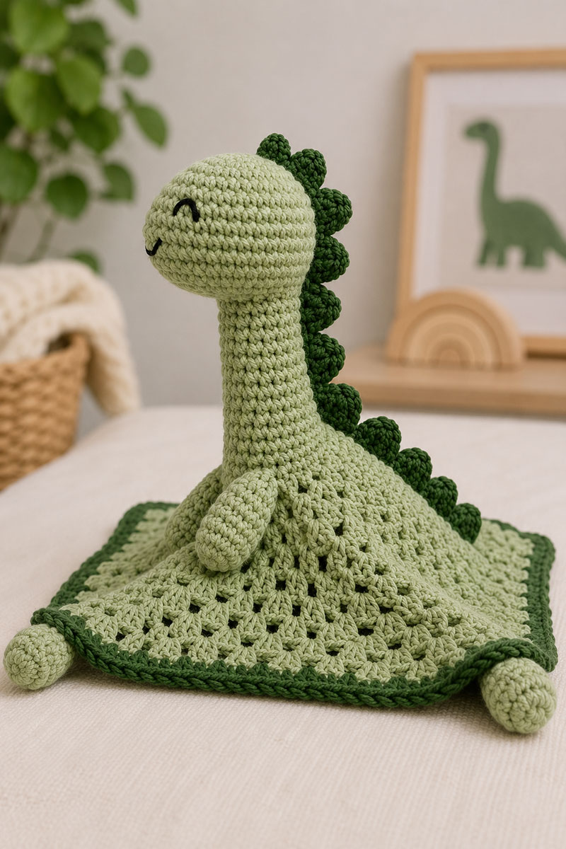 side view of crochet dinosaur lovey showing the long brontosaurus neck and blanket body