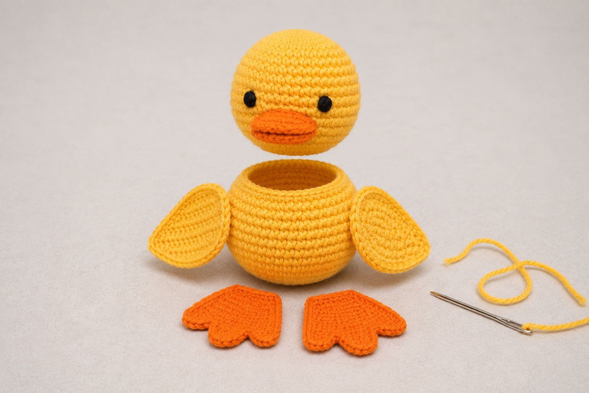 Crochet duck being assembled with the rounded head aligned over the body, matching wings at the sides and orange webbed feet at the lower front