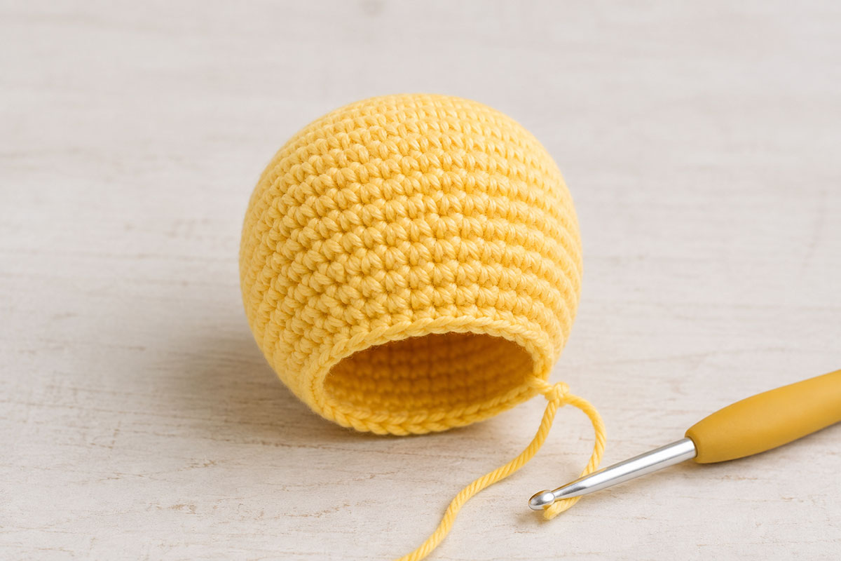 Rounded yellow crochet duck head with a 24 stitch neck opening ready for the bill and embroidered face