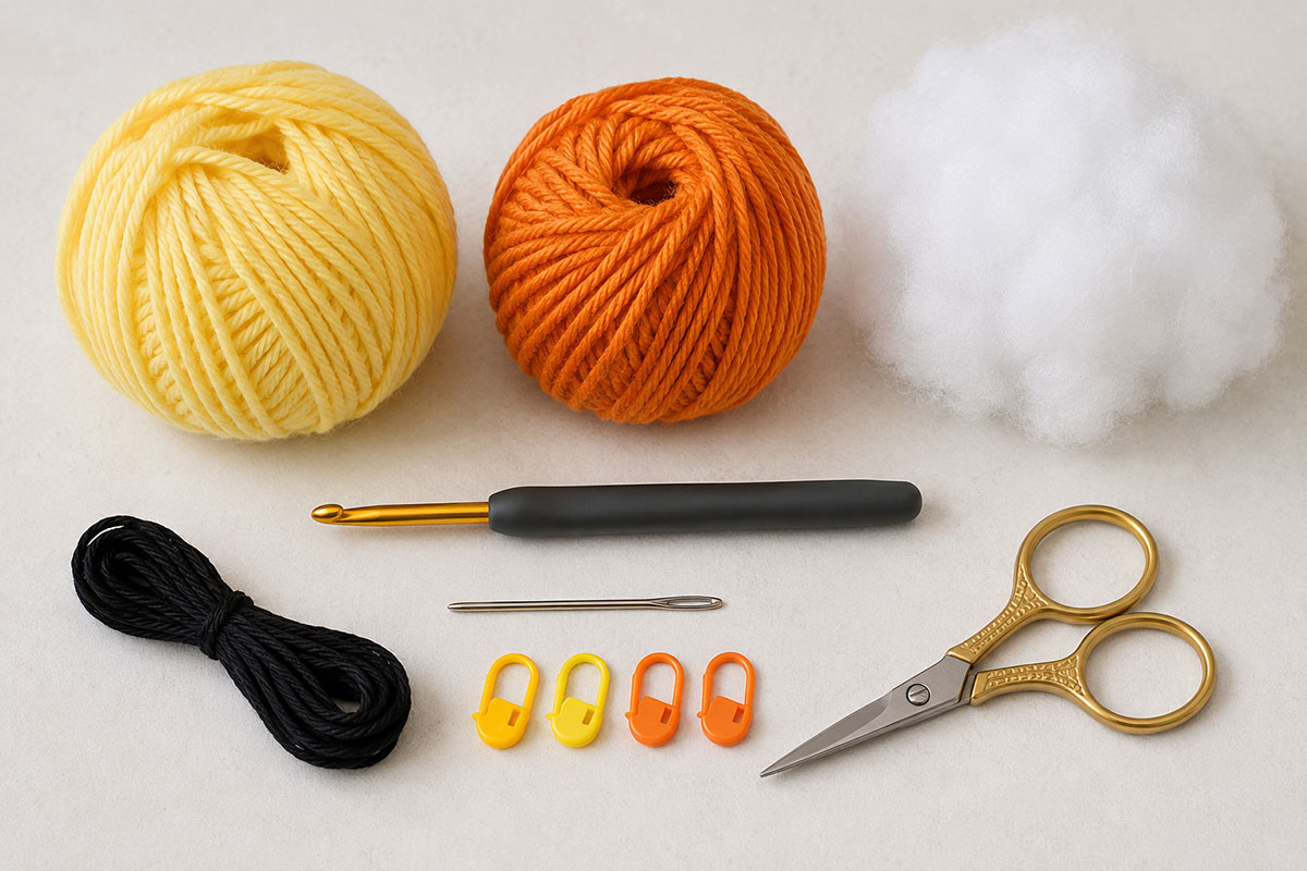 Yellow and orange worsted yarn, crochet hook, black embroidery floss, tapestry needle and fiberfill for the crochet duck pattern