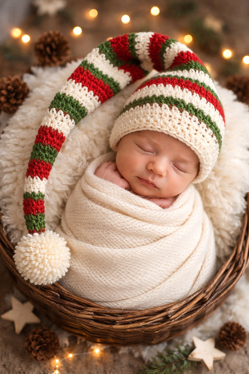 Handmade crochet elf baby hat with soft yarn and long pointed tip for newborns
