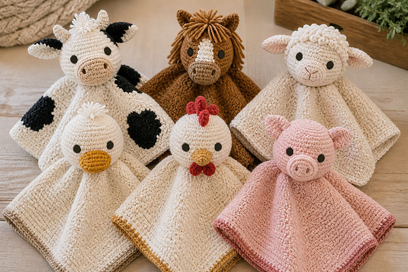 Crochet farm animals lovey patterns including baby loveys with cow, duck, lamb and chicken designs