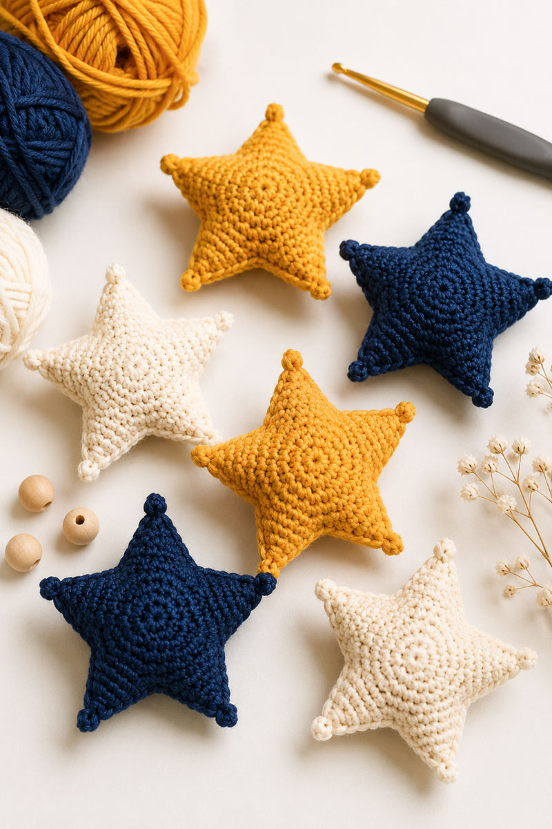 Crochet puffy stars with tiny picot points for a moon and stars baby mobile