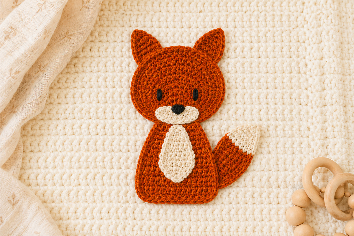 Rust-orange crochet fox applique with pointed ears, a cream muzzle and bushy tail for woodland baby projects
