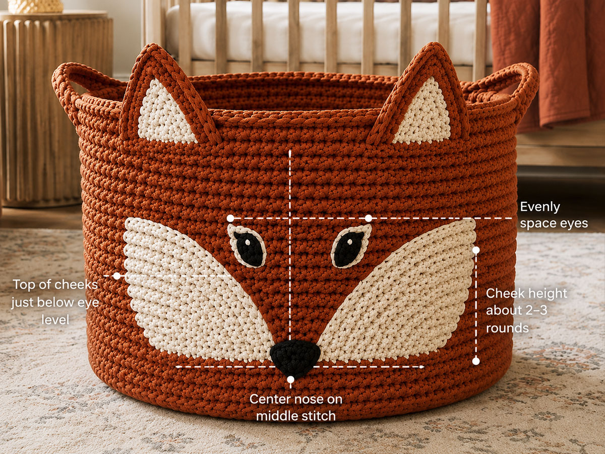 Fox ears and cream cheek panels temporarily positioned on the front of an XXL rust crochet basket