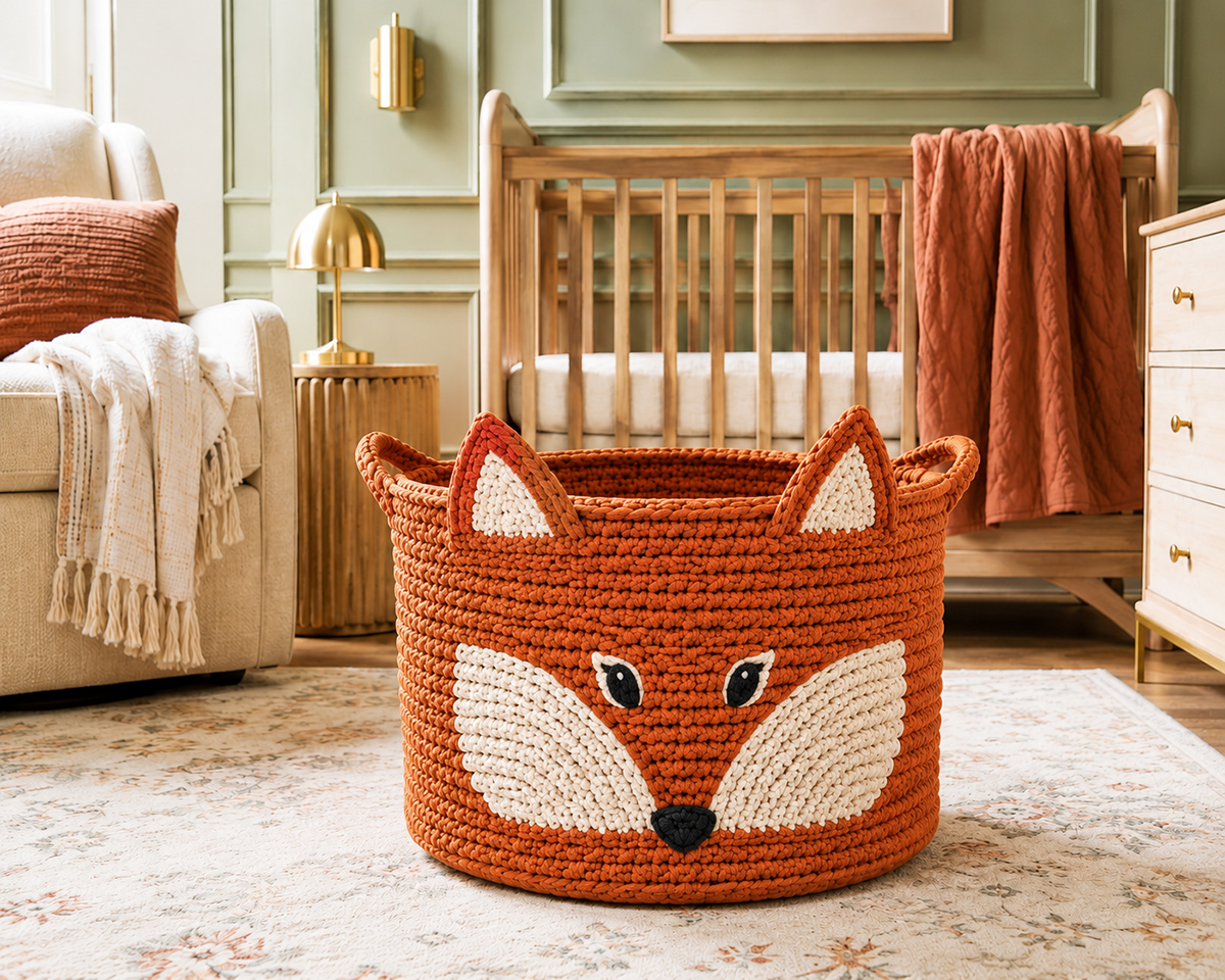 Free crochet fox basket pattern for woodland nursery storage and handmade baby gifts