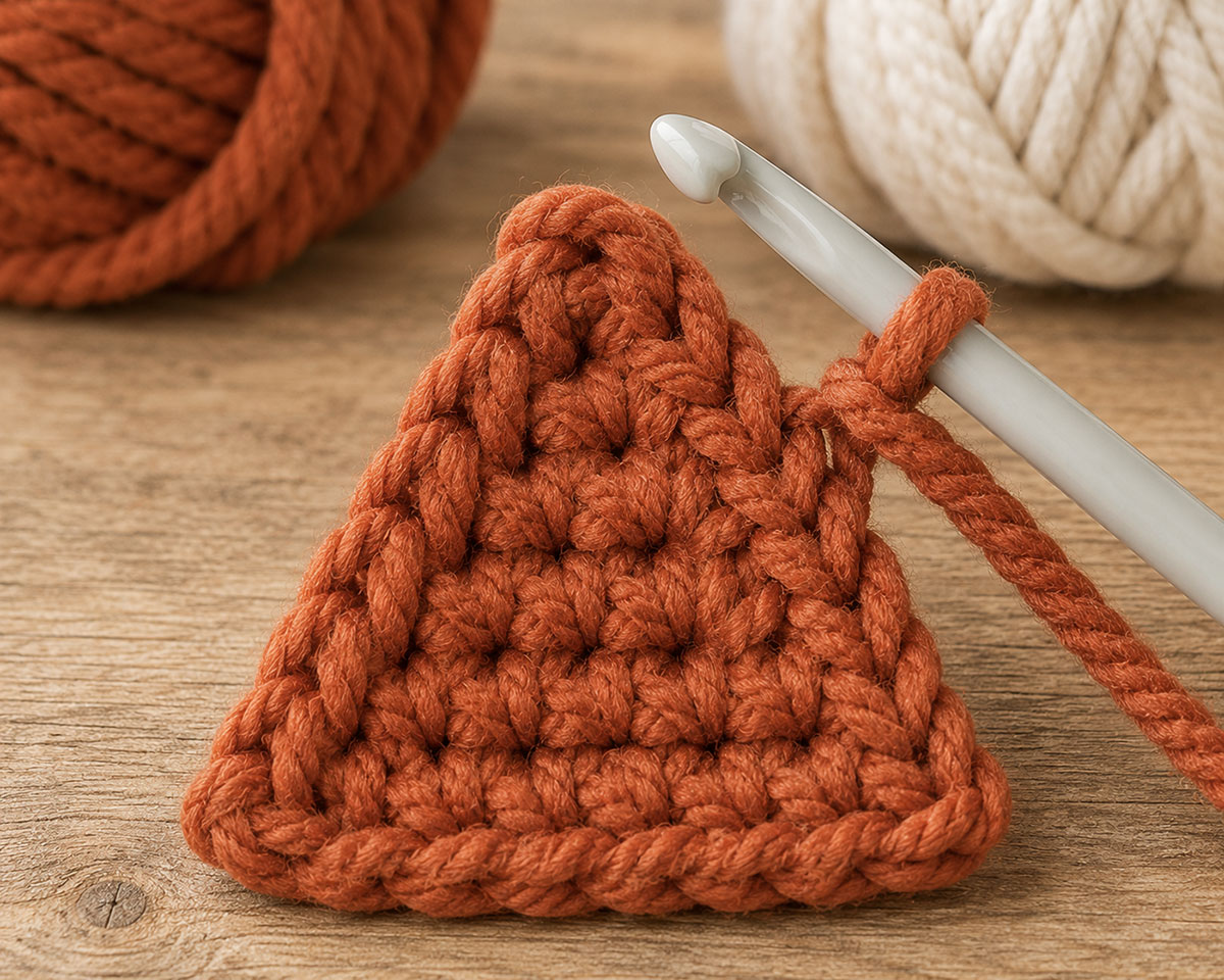 Close view of firm single crochet stitches and decreases used to shape a pointed fox ear
