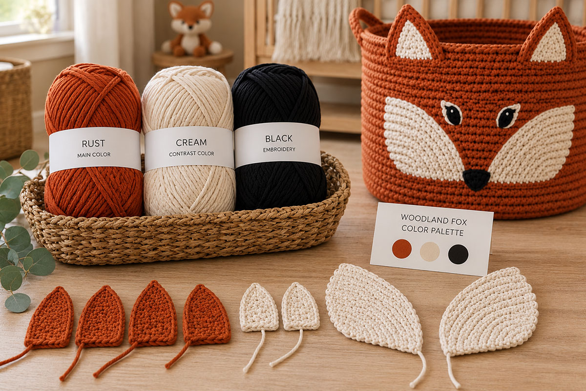 Warm rust cream and black yarn colors selected for an XXL crochet fox nursery basket