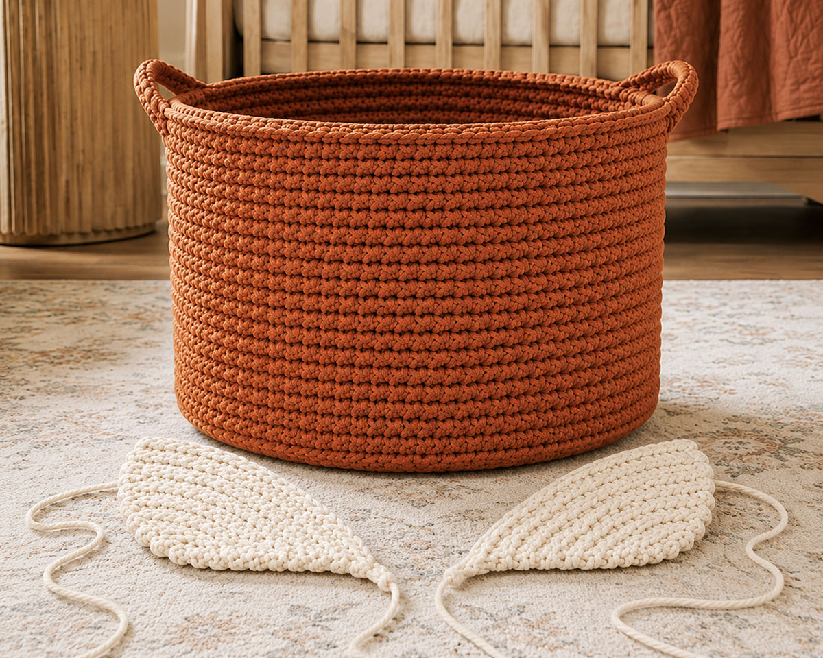 Two matching cream crochet fox cheek panels arranged as mirrored face pieces beside a rust basket