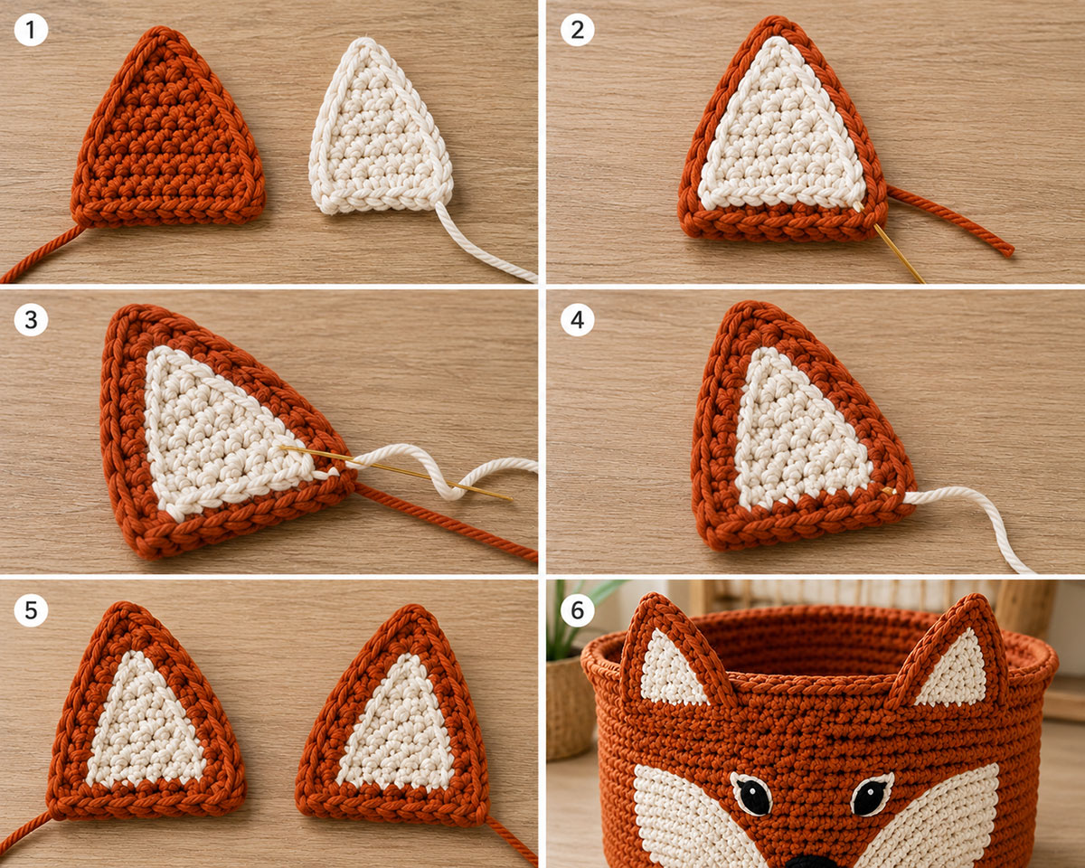 Cream crochet inner ear panel sewn to a rust fox ear front before the double layers are joined