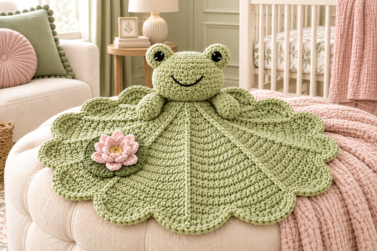 Crochet frog blanket lovey with round green lily pad blanket and optional pink crochet lily flower