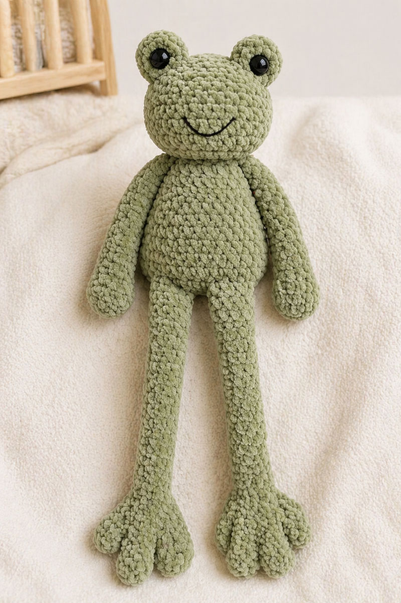 sage green crochet frog lovey with long floppy legs on neutral nursery fabric