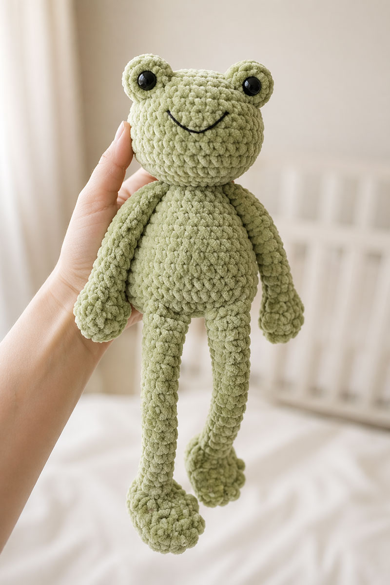 soft crochet frog lovey with long floppy legs made from sage green chenille yarn held in hand
