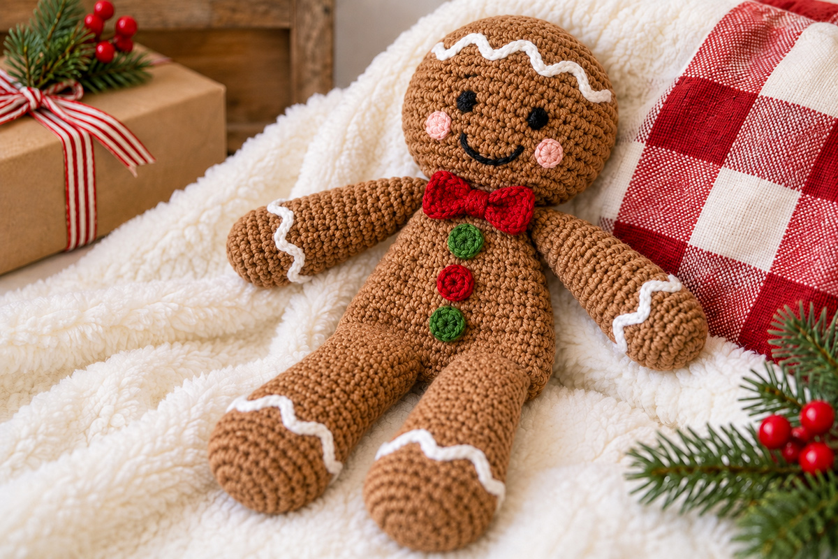 Crochet gingerbread man snuggler lovey with floppy arms and legs and white embroidered icing details
