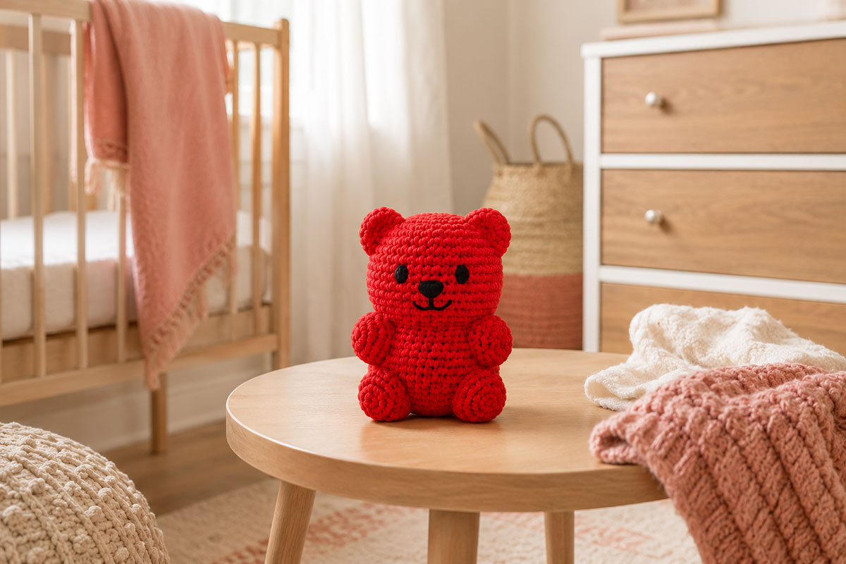 Finished single color crochet gummy bear shown upright with a compact rounded head plump body small ears short arms and stubby legs