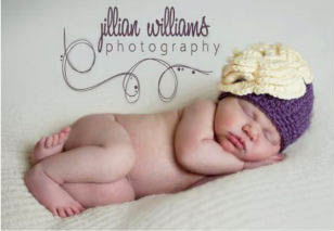 Purple and cream infant baby girl crochet beanie hat with large crocheted flower pattern photo prop studio portrait