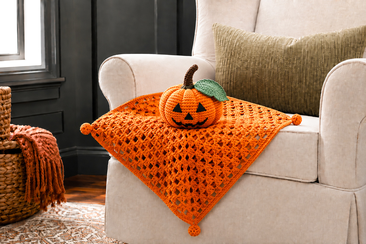 Crochet Jack-o-lantern lovey with ribbed pumpkin head and embroidered face