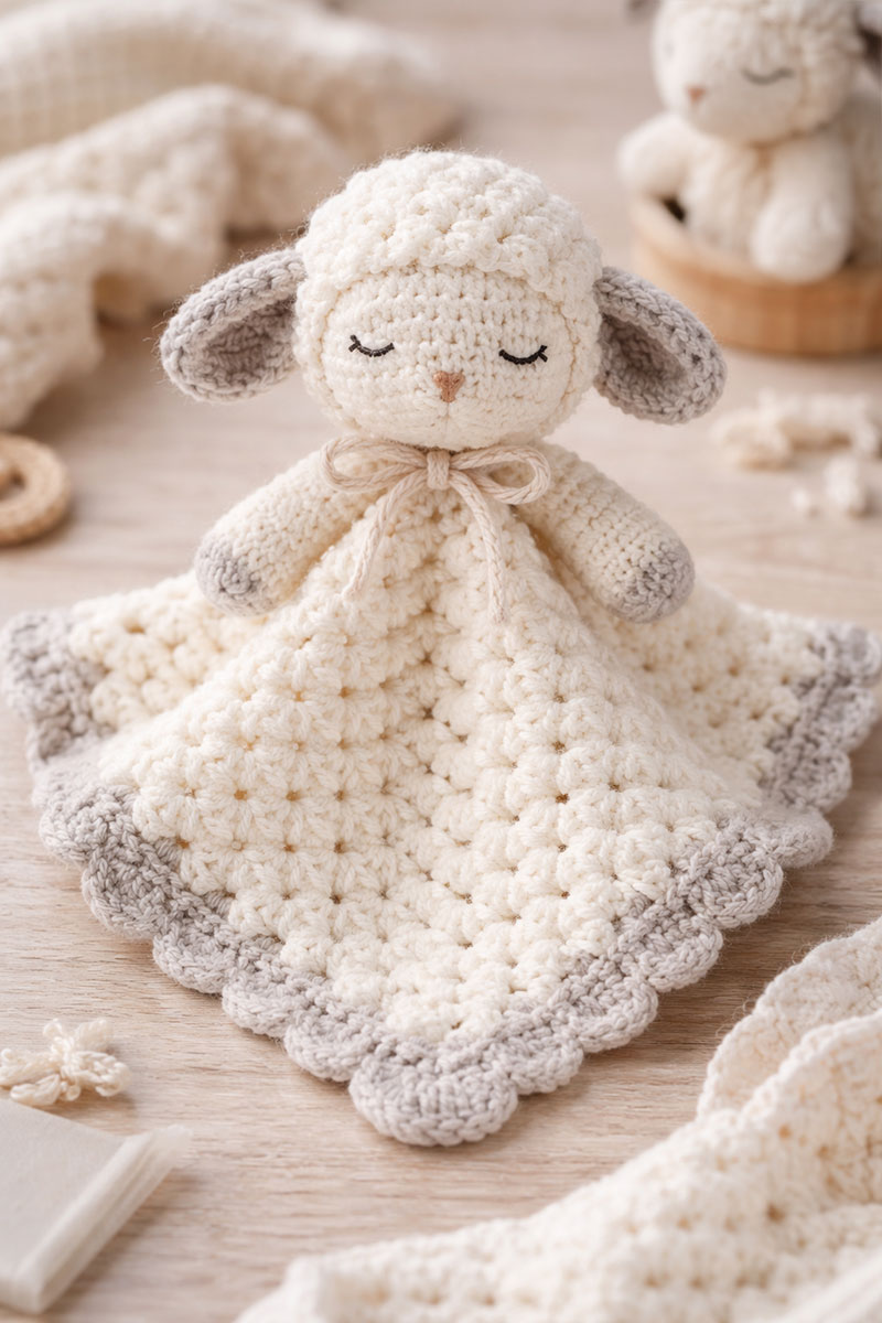 Crochet lamb lovey with small blanket body and lamb head in soft neutral yarn
