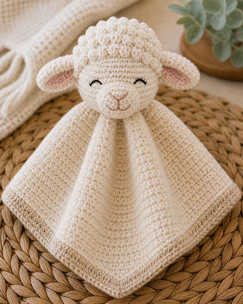 Crochet lamb lovey pattern with rounded head and blanket base