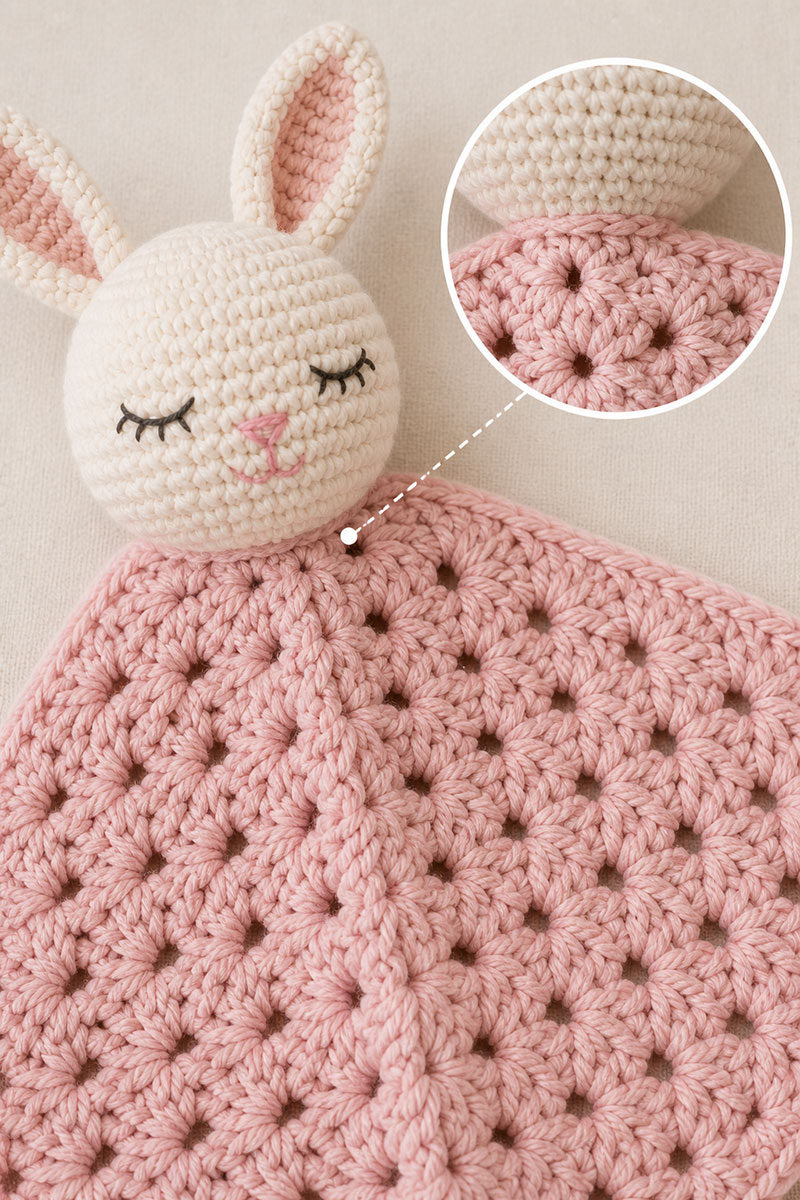 secure stitching on a crochet baby lovey with embroidered face details