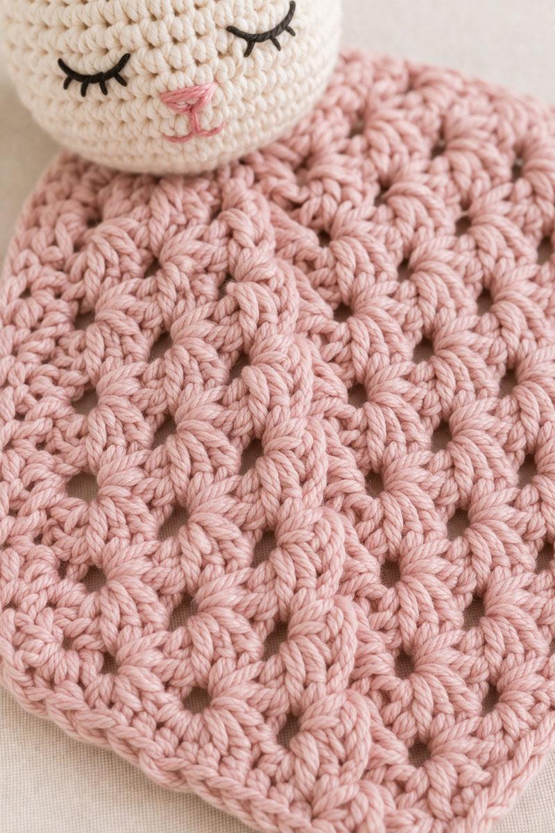 close up of beginner crochet stitches for a baby lovey pattern