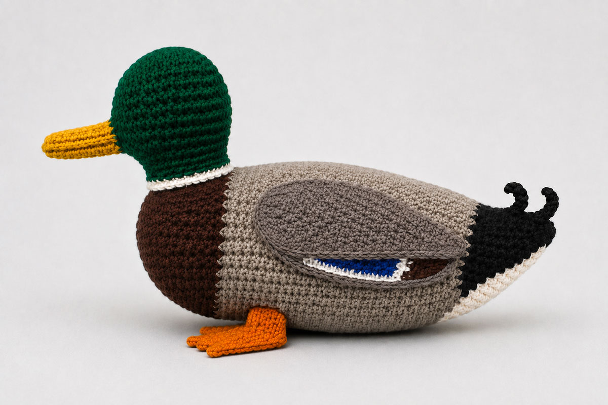 Side view of a crochet mallard during assembly with the green head aligned over the chest and short orange ankle tubes attached beneath the low body