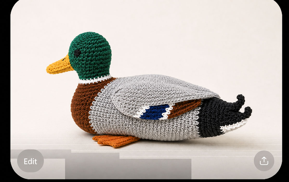 Finished crochet mallard viewed from the side and slightly behind showing the long gray body narrow blue wing speculum black tail and short orange feet