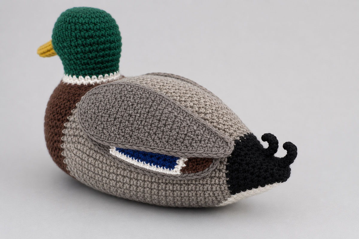 Rear three quarter view of a crochet mallard showing two small curled black tail feathers and a narrow white under tail patch