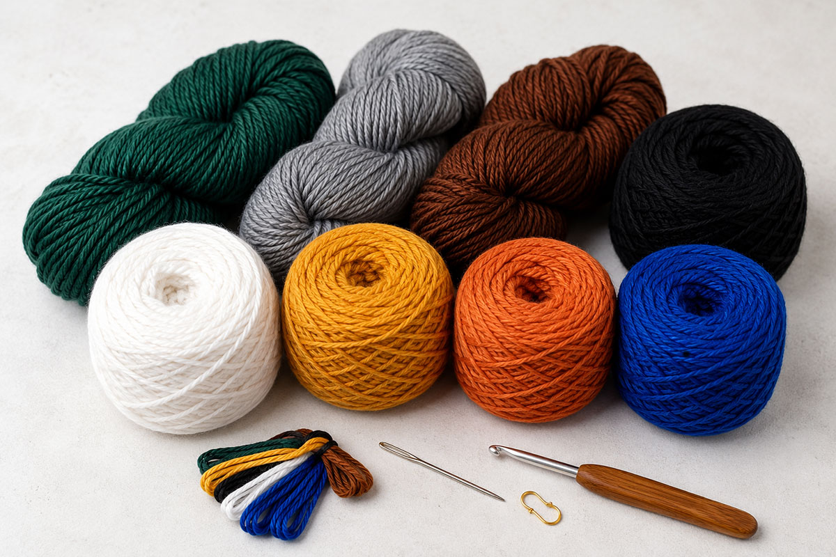 Worsted weight yarn in green gray chestnut brown black white yellow orange and blue for the crochet mallard duck