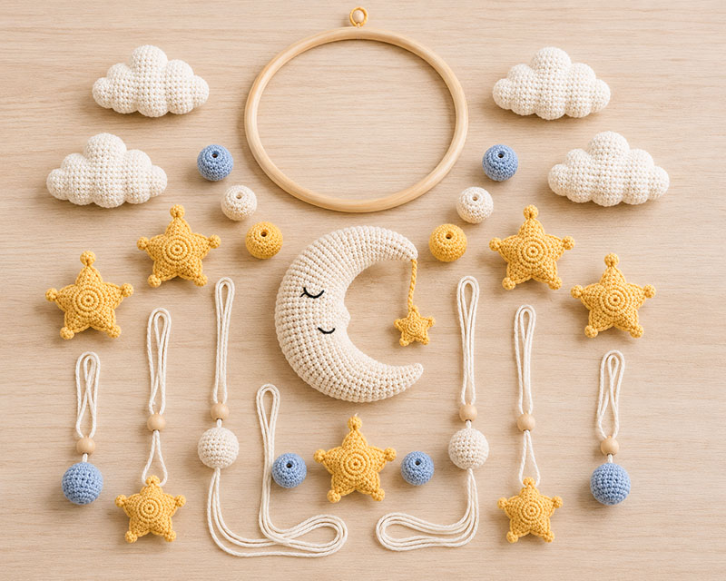 Crochet moon, stars, clouds and covered beads arranged before assembling a nursery mobile