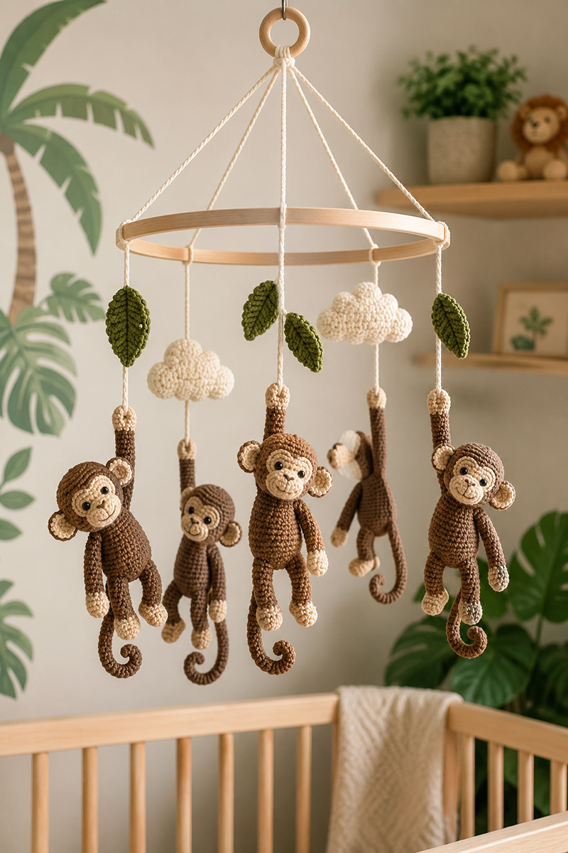 crochet monkey baby mobile pattern with handmade hanging monkeys for a jungle nursery