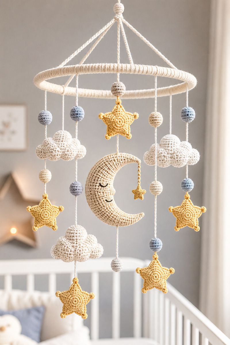 Crochet moon and stars baby mobile pattern with crescent moon, clouds and hanging stars