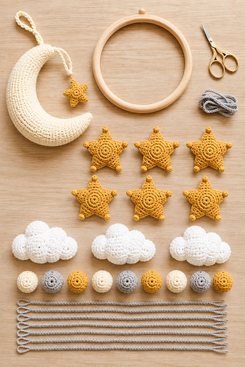 Crochet moon, stars, clouds and covered beads laid out beside a wooden mobile ring before final assembly