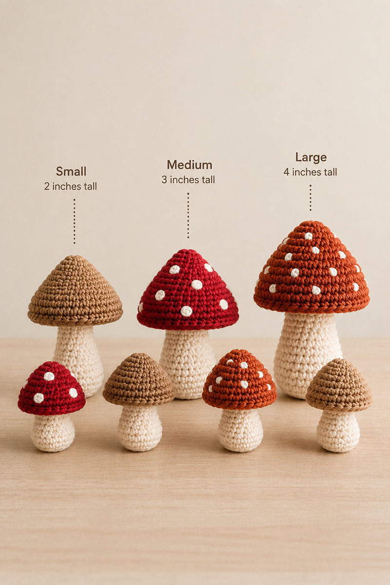 Crochet mushroom decorations in different sizes for a woodland nursery crib mobile