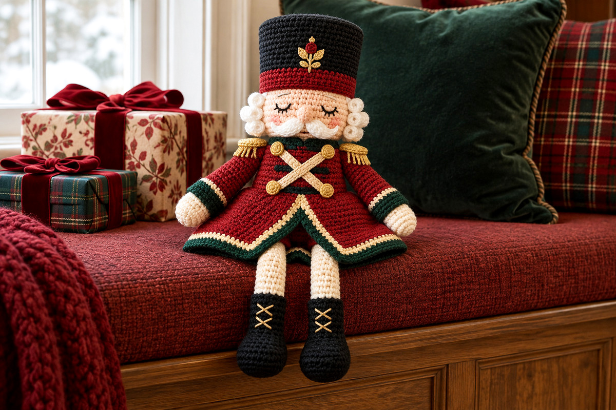 Finished crochet nutcracker lovey with embroidered sleepy eyes curled white mustache tall black soldier hat cranberry coat and dangling legs