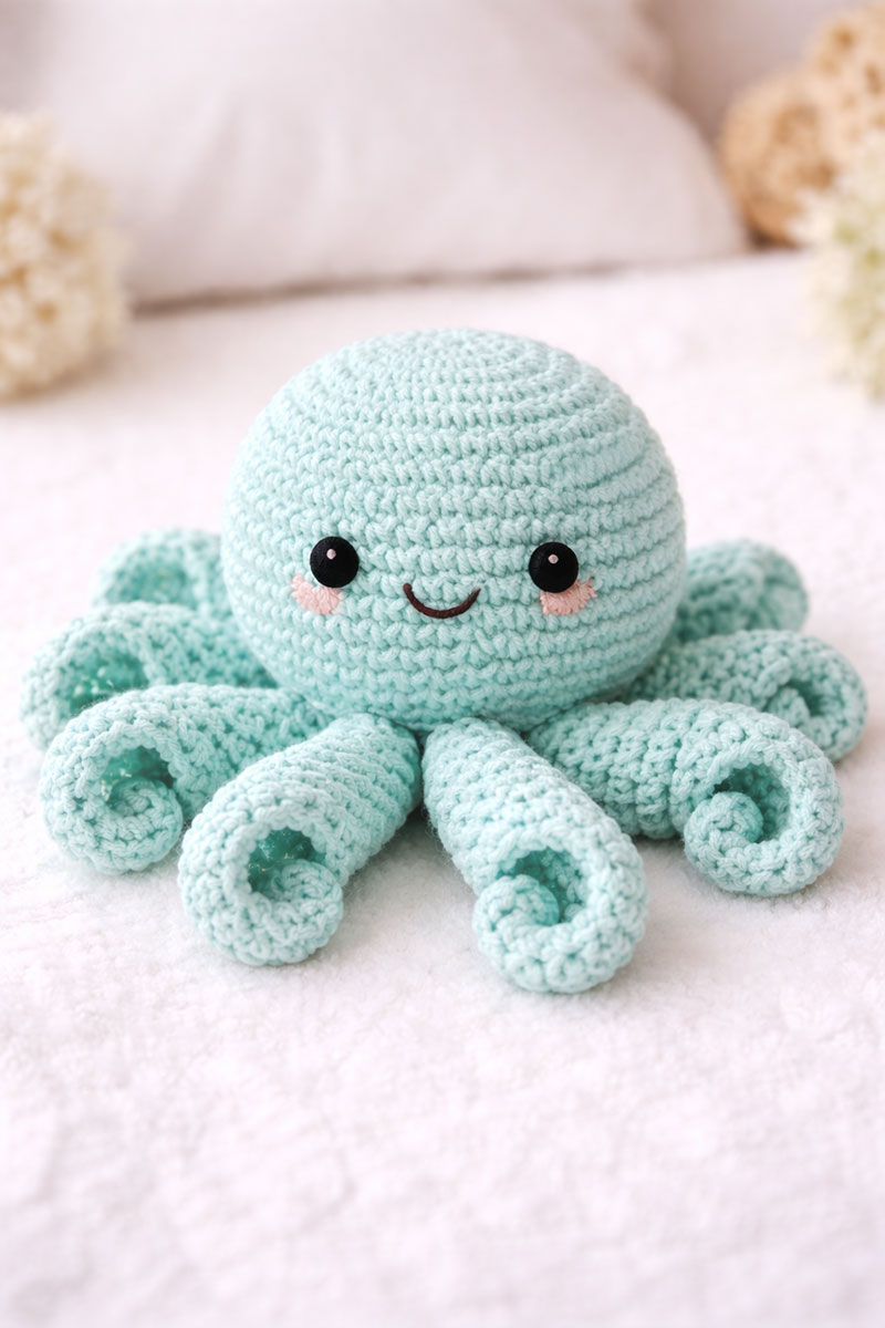 Finished crochet octopus with rounded head and evenly spaced tentacles