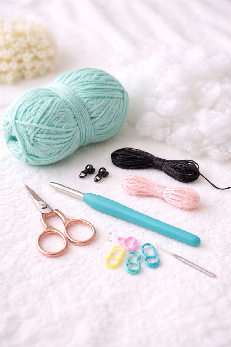 Crochet octopus supplies including yarn hook and stuffing