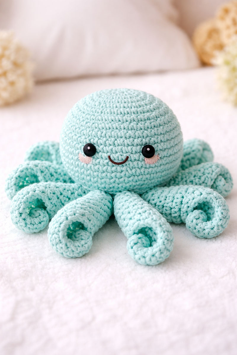 Crochet octopus pattern made as a soft handmade amigurumi toy with curled tentacles